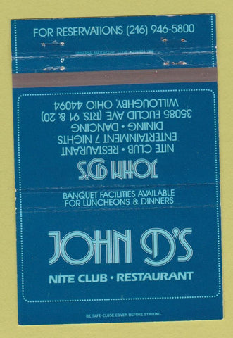 Matchbook Cover - John D's Nite Club Restaurant Willoughby OH 40 Strike