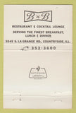 Matchbook Cover - B&B Inn restaurant Countryside IL 40 Strike