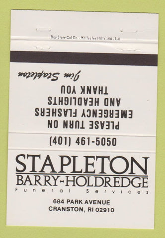 Matchbook Cover - Stapleton Barry Holdredge Funeral Cranston RI 40 Strike