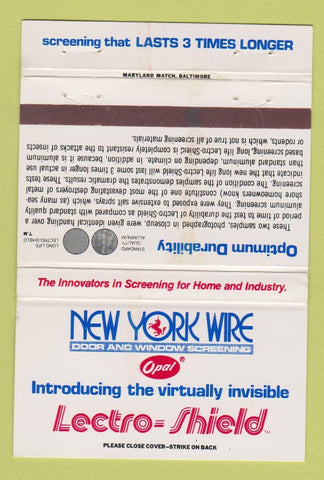Matchbook Cover - New York Wire Door Window Screening York PA WEAR 40 Strike