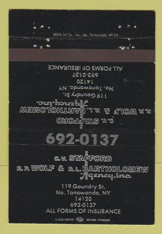 Matchbook Cover - Wolf & Bartholomew Insurance North Tonawanda NY 40 Strike