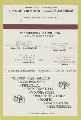 Matchbook Cover - Car Truck Batteries Irwin Uniontown Greensburg PA 40 Strike