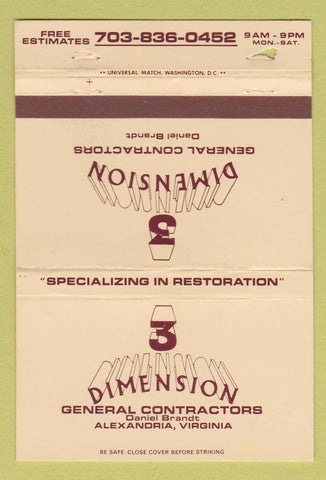 Matchbook Cover - 3 Dimension General Contractors Alexandria VA 40 Strike