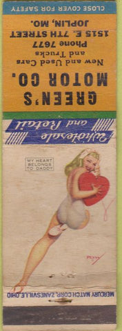 Matchbook Cover - Green's Motor Co Joplin MO Pinup WORN