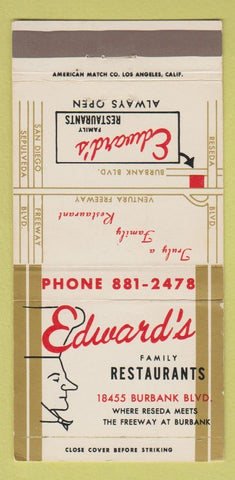 Matchbook Cover - Edward's Family Restaurants Tarzana CA WEAR 30 Strike