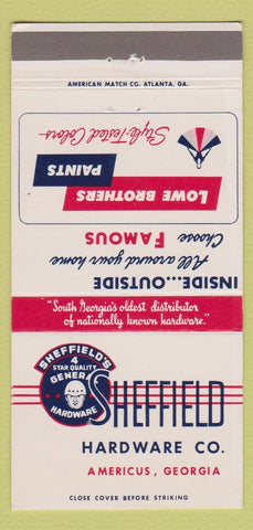 Matchbook Cover - Sheffield Hardware Lowe Paint Americus GA 30 Strike