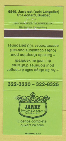 Matchbook Cover - Jarry Smoke Meat Restaurant St Leonard QC 30 Strike