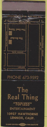 Matchbook Cover - The Real Thing Lennox CA Strip Club Topless