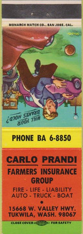 Matchbook Cover - Prandi Farmers Insurance Tukwila WA safety