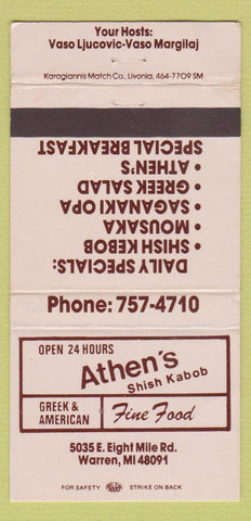 Matchbook Cover - Athen's Shish Kabob Greek Warren MI WEAR 30 Strike