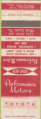 Matchbook Cover - Performance Motors Toyota West Lawn PA