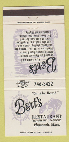 Matchbook Cover - Bert's Restaurant Plymouth MA 30 Strike