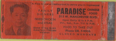Matchbook Cover - Paradise Chinese Food Inglewood CA POOR