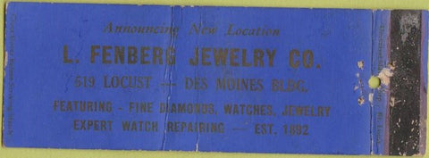 Matchbook Cover - Fenberg Jewelry Des Moines IA WORN