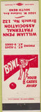 Matchbook Cover - William Penn Fraternal Club South Bend bowling girlie