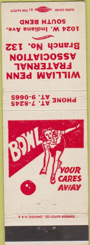 Matchbook Cover - William Penn Fraternal Club South Bend bowling girlie