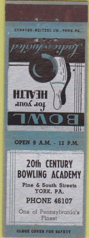 Matchbook Cover - 20th Century Bowling Academy York PA blue