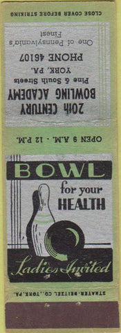 Matchbook Cover - 20th Century Bowling Academy York PA green