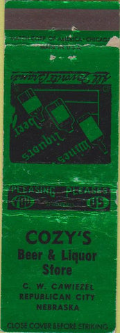 Matchbook Cover - Cozy's Liquor Store Repulican City NE