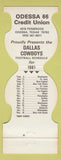 Matchbook Cover - Dallas Cowboys Football 1981 Odessa 66 Credit Union TX