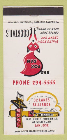 Matchbook Cover - Red Fox Den 4th Street Bowling San Jose CA AMF 30 Strike