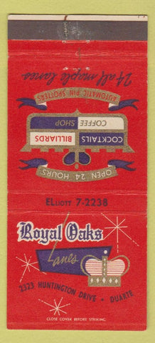 Matchbook Cover - Royal Oaks Lanes Bowling Duarte CA 30 Strike