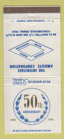 Matchbook Cover - Interstate Amiesite Corporation Concordville PA 1974 30 Strike