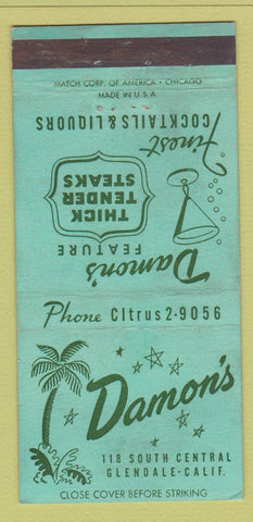 Matchbook Cover - Damon's Restaurant Glendale CA WORN 30 Strike