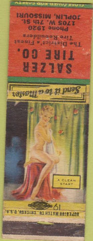 Matchbook Cover - Salzer Tire Co Joplin MO hillbilly pinup WORN