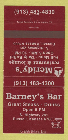 Matchbook Cover - Meridy's Restaurant Russell KS Barney's Bar WEAR 30 Strike