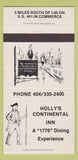 Matchbook Cover - Holly's Continental Inn Commerce GA WEAR 30 Strike