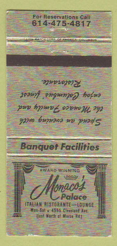 Matchbook Cover - Monaco's Palace Italian Restaurant Columbus OH 30 Strike
