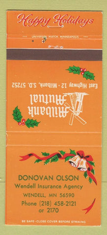 Matchbook Cover - Milbank Mutual Insurance Donovan Olson Wendell MN 30 Strike
