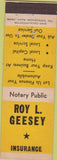 Matchbook Cover - Roy Geesey Insurance Merchants York PA