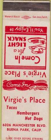 Matchbook Cover - Virgie's Place Tacos Hamburgers Buena Park CA WORN