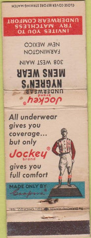 Matchbook Cover - Jockey Underwear Nygren's Farmington NM WORN