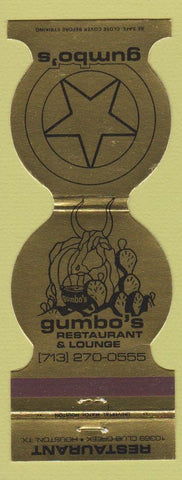 Matchbook Cover - Gumbo's Restaurant Lounge Houston TX