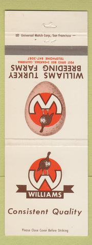 Matchbook Cover - Williams Turkey Breeding Farms Oakdale CA