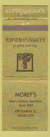 Matchbook Cover - Kuppenheimer Men's Clothes Morey's Sioux City IA