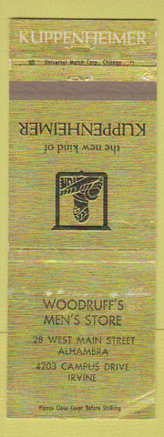 Matchbook Cover - Kuppenheimer Men's Clothes Woodruff's Alhambra Irvine CA WEAR