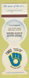 Matchbook Cover - Milwaukee Brewers Baseball 1983 West Allis State Bank WI