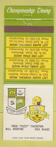 Matchbook Cover - Fuzzy Thurston's Packers Football Appleton Mensha WI WEAR