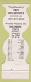 Matchbook Cover - Baltimore Colts Football 1982 Cafe Des Artistes MD