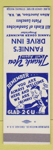 Matchbook Cover - Fannie's Drive Inn Allen Junction WV SAMPLE