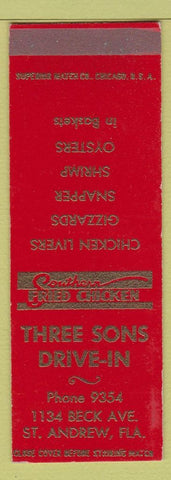 Matchbook Cover - Three Sons Drive In St Andrew FL SAMPLE