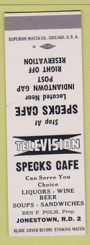 Matchbook Cover - Specks Cafe Jonestown? IN SAMPLE
