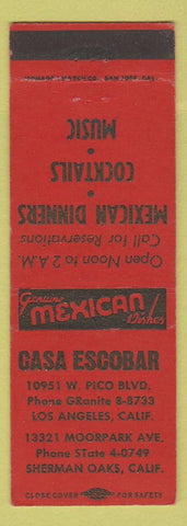 Matchbook Cover - Casa Escobar Sherman Oaks CA Mexican Food