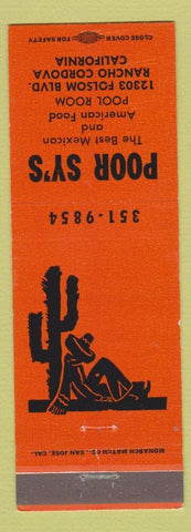 Matchbook Cover - Poor Sy's Mexican Restaurant billiards Rancho Cordova CA
