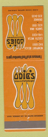 Matchbook Cover - Odie's Hamburgers Newport Beach Costa Mesa Sana Ana Orange CA