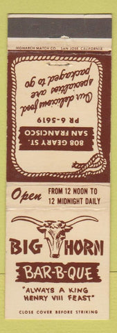 Matchbook Cover - Big Horn BBQ San Francisco CA